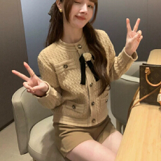 批发26秋冬 香风短款长袖针织开衫女蝴蝶结加厚毛衣小外套上衣 1307