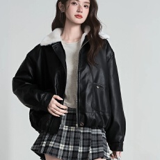 批发26秋<b class='q'>冬</b> 黑色美式休闲加绒加厚保暖机车服女毛领pu皮衣外套 1507