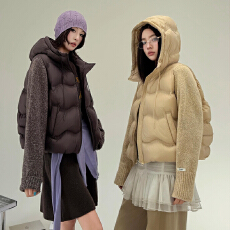 批发韩版针织袖拼接羽绒棉服女26<b class='q'>冬</b>百搭宽松显瘦连帽羽绒棉衣外套1753