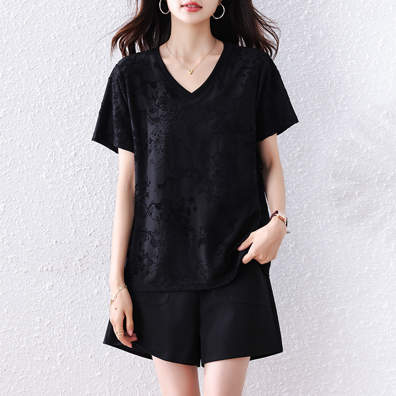 실사 2025 얼음 실크 자카드 V넥 티셔츠 반팔 캐주얼 슬림해 보이는 봄 여름 섹션 맨위