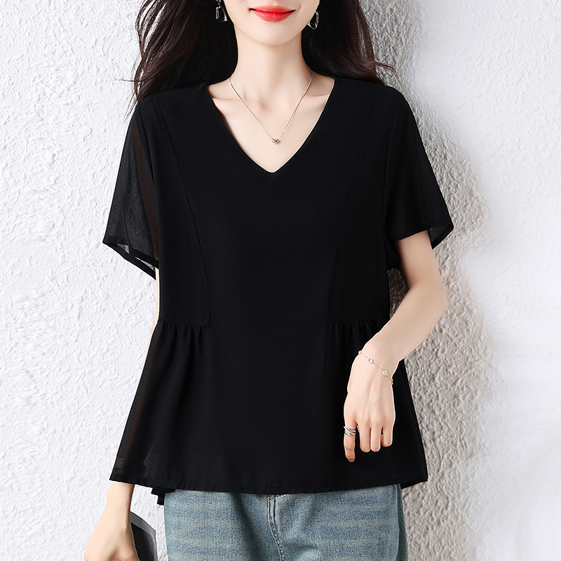 검정색 반팔 여성 티셔츠 2025 여름 새로운 핀치 Pleat 디자인 센스 작은 대중 쉬폰 외국 가스 작은 셔츠 품격 맨위