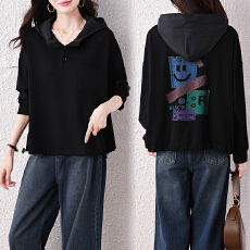 批发2025年秋季新款连帽印花长袖卫衣女时尚百搭休闲套头拼接显瘦上衣