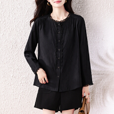 黑色长袖衬衫女2025秋装新款精致感提花宽松大码上衣