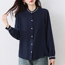 批发2026新款春秋翻领刺绣长袖衬衫女<b class='q'>中老年</b><b class='q'>妈妈</b>装宽松休闲减龄上衣女