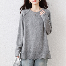 批发时尚蕾丝拼接减龄长袖T恤女春秋新款长袖上衣2026年大码欧货女装