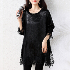批发<b class='q'>胖</b>mm<b class='q'>新款</b>时尚圆领醋酸拼接蕾丝宽松遮肉中长款大码女装内搭打底衫