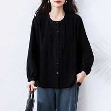 批发大码减龄木耳边圆领衬衫长袖春秋季<b class='q'>胖</b>mm<b class='q'>显瘦</b>百搭小衫上衣女