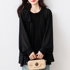 批发2026早春新款高级感雪纺衫女韩版洋气时髦绑带圆领蝙蝠袖衬衫