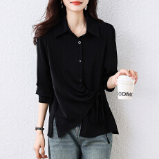 批发实拍大码女装2026春季新款<b class='q'>胖</b>mm<b class='q'>设计</b>感开叉上衣系带收腰显瘦衬衫