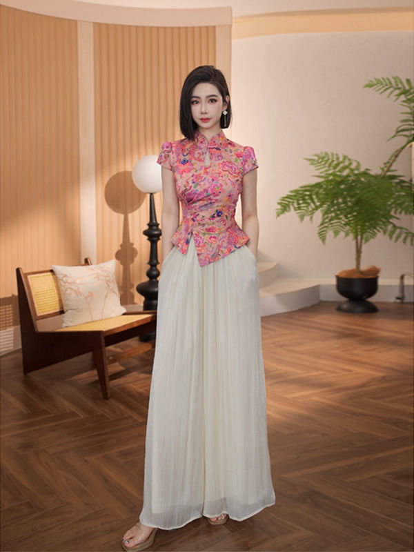 FA35014# 夏季新款新中式盘扣优雅碎花显瘦上衣+阔腿休闲裤时尚气质两件套 服裝批發女裝批發服飾貨源