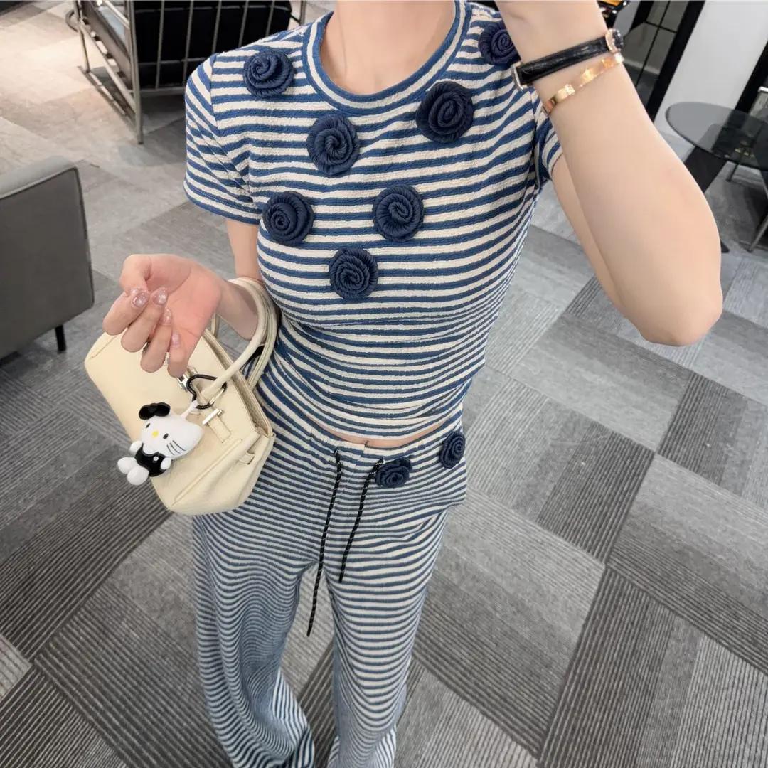 2026 여름 새로운 패션 외국 가스 3 차원 장식 디자인 센스 스트라이프 슬림해 보이는 반팔 와이드 레그 팬츠 투피스 세트
