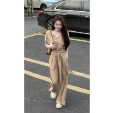 批发韩系慵懒风V领绑带阔腿裤显瘦气质<b class='q'>套装</b>高腰法式收腰小个子两件套