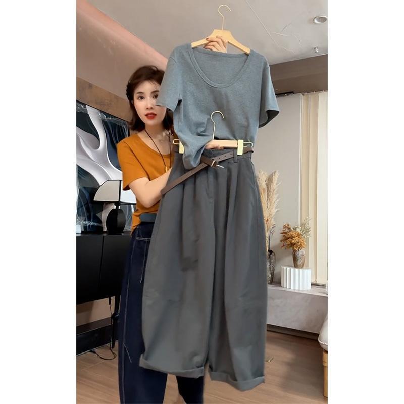 유럽 상품 패션 다용도 세련된 단색 미니멀리즘 반팔 티셔츠 코디 루즈핏 넓은 다리 9 포인트 캐주얼 바지 투피스 세트