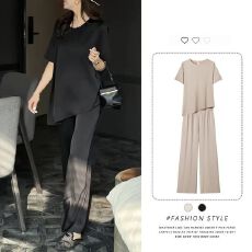 批发2026夏季新款高级气质感时尚不规则短袖T恤直筒阔腿<b class='q'>休闲裤</b>两件套