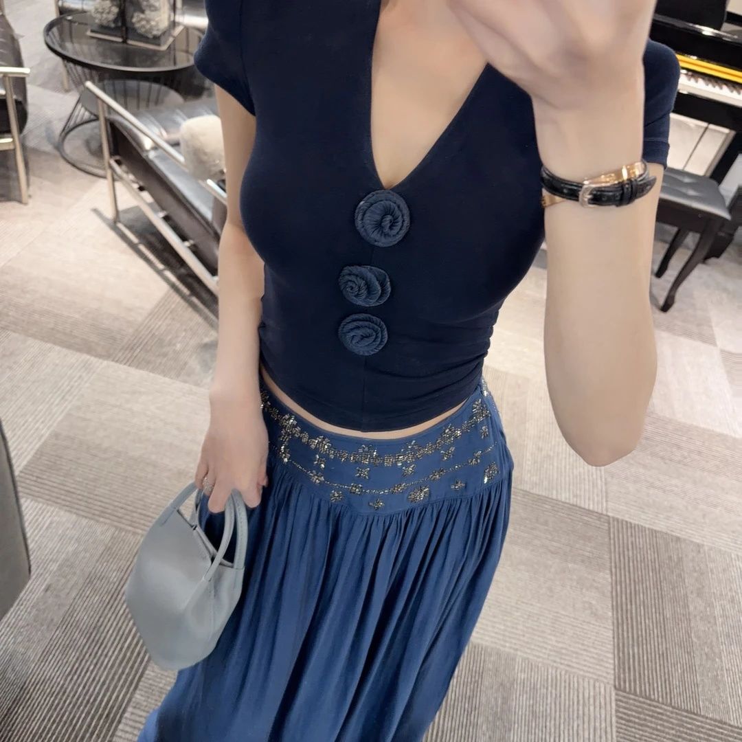 무거운 작업 핫픽스 반신 스커트 휴가 바람 새로운 V넥 맨위 치마 레트로 롱 스커트 세트