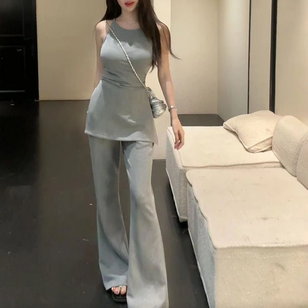 라운드 넥 이슬 쇄골 민소매 조끼 맨위 세 조각 여성 세트 여름 오픈 가디건 하이웨이스트 부츠컷 바지 슬림해 보이는 세 조각 세트