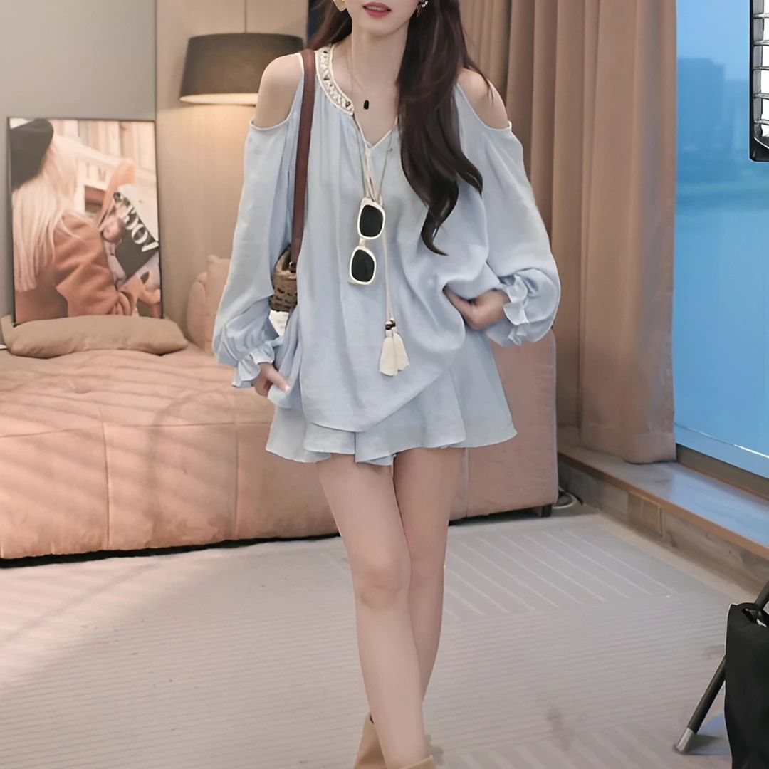 한 부서 루즈핏 느긋한 바람 오프숄더 긴팔 자외선 차단 셔츠 슬림해 보이는 치마바지 두 조각 여성 세트 여름 느슨함 센스 세트