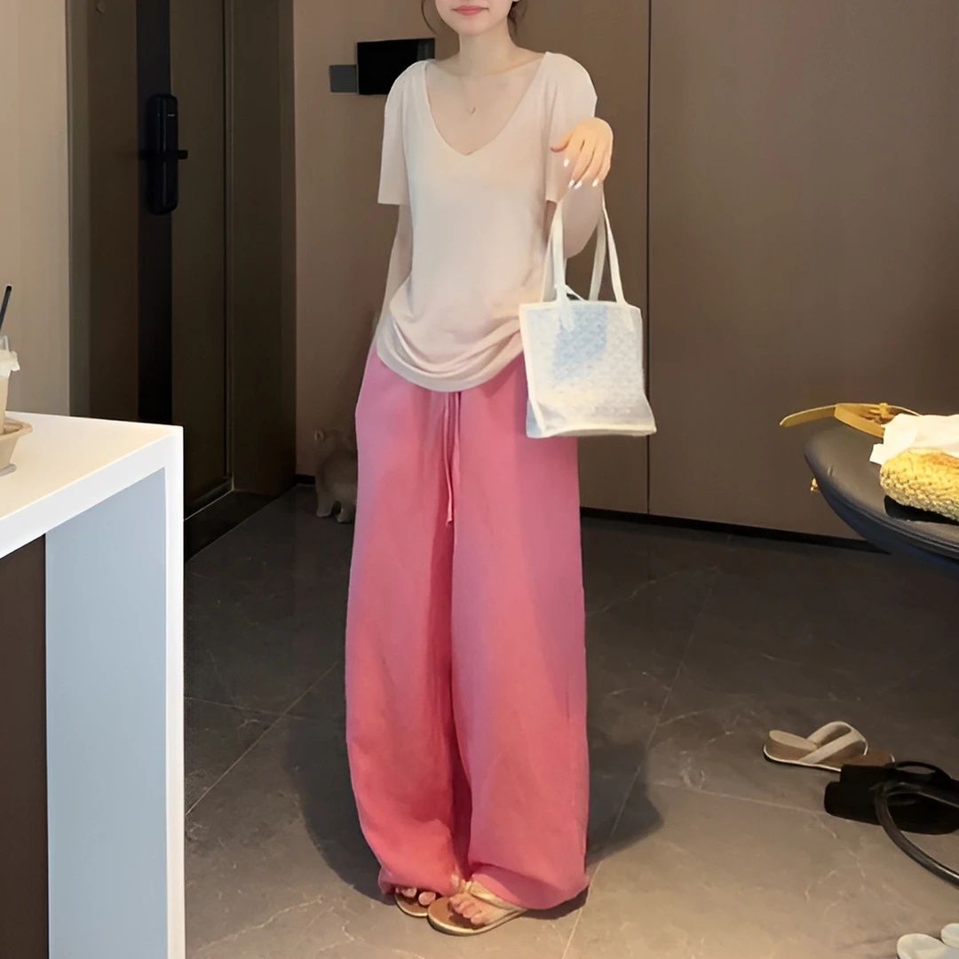 장난기 넘치는 연령 감소 여름 디자인 센스 작은 키 착용 가져 가라. 전체 집합 순수한 욕망 반팔 맨위 와이드 레그 팬츠 투피스 슈트