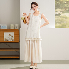 批发夏季新款韩系宽松时尚高级感波点木耳边拼接圆领背心<b class='q'>连衣裙</b>女