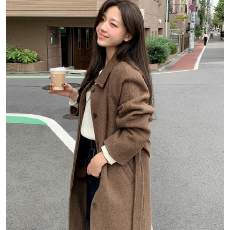 批发新款赫本风羊毛呢大衣暗门襟设计单排扣系带宽松显瘦呢外套