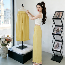 韩版新款木耳花边阔腿裤松紧腰小个子9分微喇叭水洗棉休闲裤