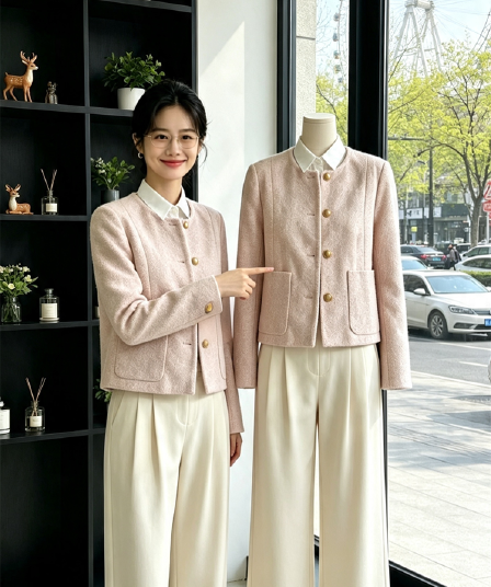 부드러운 핑크색 작은 샤넬 스타일 고급 센스 트위드 한 부서 작은 키 부유 한 가족 천 골드 짧은 외투