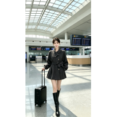 批发韩系高级感翻领系带短款大衣<b class='q'>秋</b>冬小个子灯笼袖收腰呢子外套