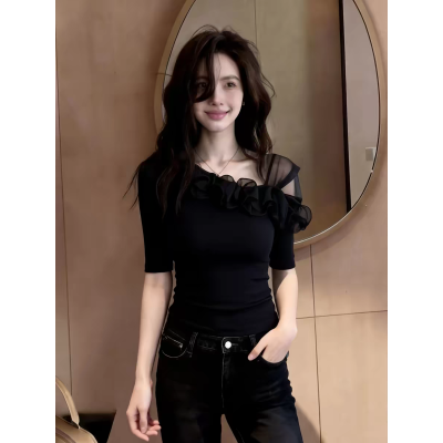 검정색 반팔 티셔츠 여성 여름 2026 새로운 빛 사람들 착용 가져 가라. 디자인 센스 아름다운 자이언트 잘 생긴 ~ 중 프릴 맨위