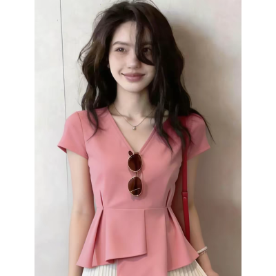 작은 대중 핑크색 V넥 반팔 티셔츠 여성 출퇴근 바람 허리 수축 슬림해 보이는 프릴 품격 맨위 슈퍼 잘 생긴 2026 년