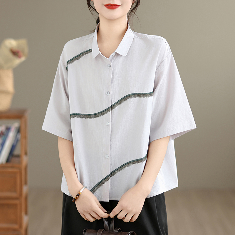 실사 대외 무역 유 싱글 할인 자수 캐주얼 반팔 셔츠 순면 화이트 빅 사이즈 루즈핏 슬림해 보이는 다용도 셔츠