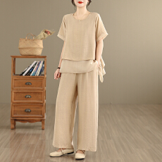 批发实拍文艺复古天丝棉麻套<b class='q'>装</b>女2026新民族风<b class='q'>宽松</b>显瘦遮肚气质两件套