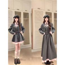 批发<b class='q'>大码</b>春收腰显瘦设计感学院风甜美撞色拼接连衣裙+小西装外套装女