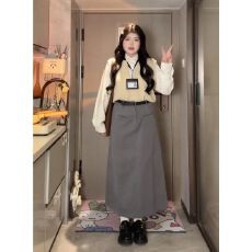 批发大码学院风假两件针织拼接衬衫女<b class='q'>春</b>秋胖mm显瘦高腰半身长裙两件套