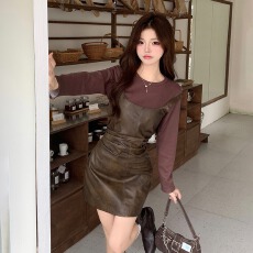 批发2025<b class='q'>秋</b>季新款设计感小众打底内搭上衣女高级感气质pu皮吊带裙套装