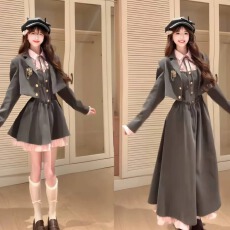 批发大码收腰显瘦设计感学院风甜美撞色拼接连衣裙+小<b class='q'>西装外套</b>套装女