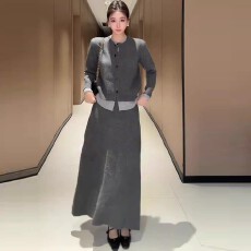 批发大码韩系慵懒风针织套装女秋冬胖mm假两件针织开衫+半身裙两件套