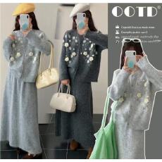 批发<b class='q'>大码</b>立体花朵针织开衫半身裙长裙两件套秋冬毛衣外套A字裙套装女