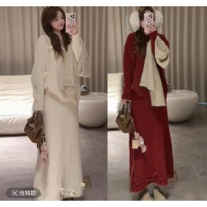 批发已出货大码秋冬新款立体蝴蝶结针织圆领宽松毛衣高腰半身裙两件套