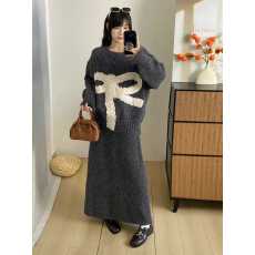 批发大码胖妹妹韩系慵懒蝴蝶结圆领毛衣女秋冬宽松加厚软糯针织衫套装