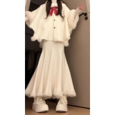 批发秋冬女气质赫本风小个子中长款白色毛领大衣小香风斗篷披肩外套