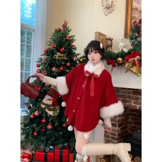 批发织物猪 冬日协奏曲 千金风复古红色斗篷外套女冬圣诞新年穿搭战袍