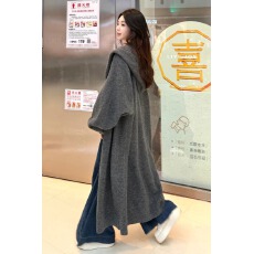 批发原版韩系慵懒风连帽长款过膝针织开衫女秋冬加厚宽松显瘦外套大衣