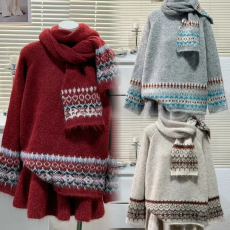 孕妇装冬装套装新款孕妇长袖针织上衣+可调节带短裙+围脖三件套装