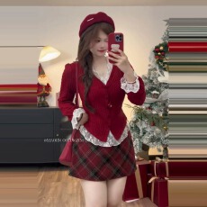 批发<b class='q'>大码</b>甜辣氛围感蕾丝针织衫女秋冬微胖mm显瘦复古格纹半身裙两件套