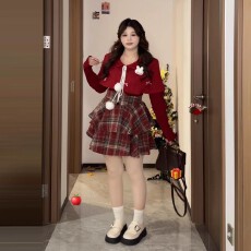 批发大码纯欲风甜辣复古<b class='q'>毛衣</b>套装女秋冬胖mm显瘦针织上衣束腰裙两件套