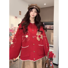 批发圣诞新年红色立体小马提花针织外套女<b class='q'>冬</b>胖MM复古减龄慵懒显瘦毛衣