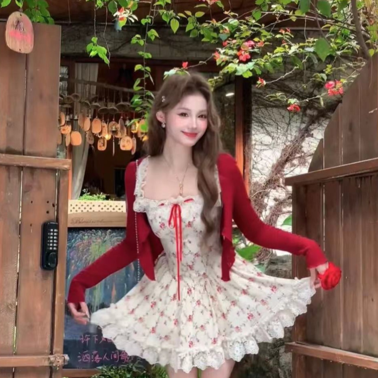 빅 사이즈 사랑 급히 살구 색상 전원 바람 작은 꽃무늬 프랑스식 레이스 슬립 드레스 봄 여름 작은 외투 세트