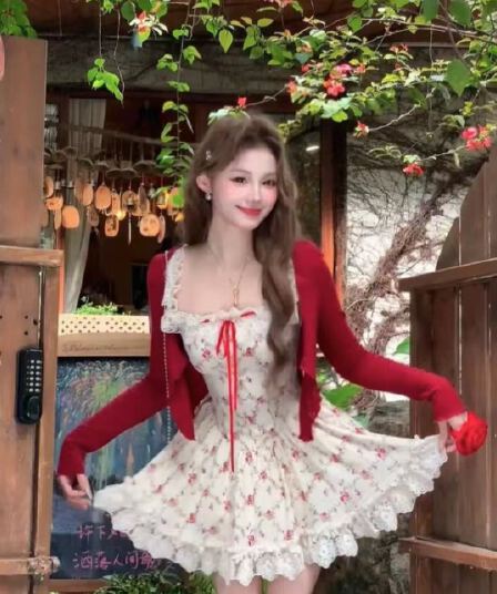 빅 사이즈 사랑 급히 살구 색상 전원 바람 작은 꽃무늬 프랑스식 레이스 슬립 드레스 봄 여름 작은 외투 세트