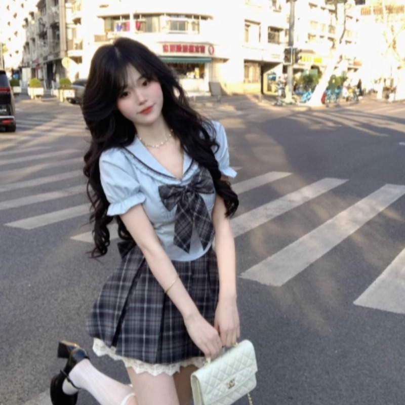 blovelan 블루 섬 그리드 영국식 학원 스타일 세트 나비 매듭 해군 칼라 셔츠 체크무늬 플리츠 반신 스커트