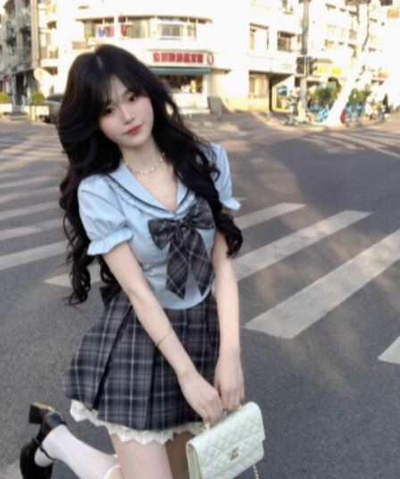 blovelan 블루 섬 그리드 영국식 학원 스타일 세트 나비 매듭 해군 칼라 셔츠 체크무늬 플리츠 반신 스커트
